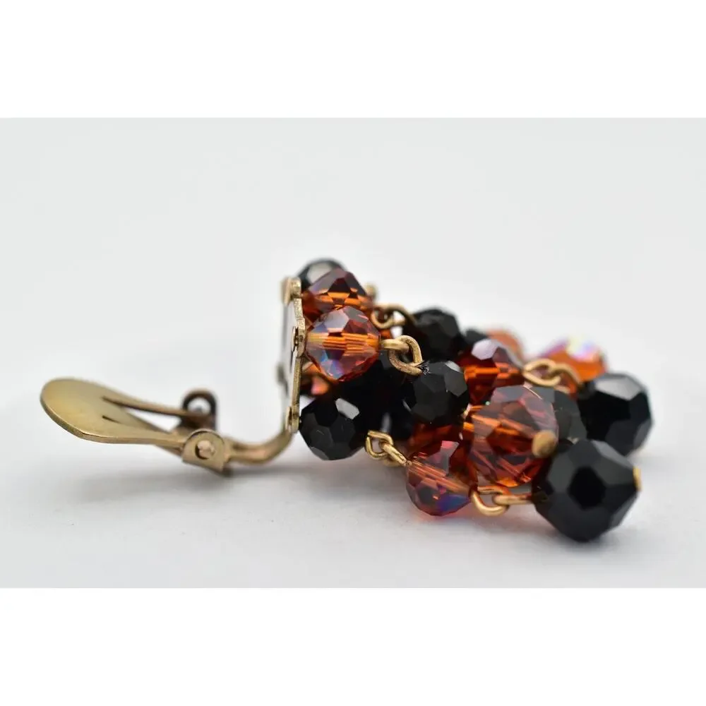 Laguna Vintage Clip On Crystal Earrings Chandelier Black Orange Signed 1950s A24